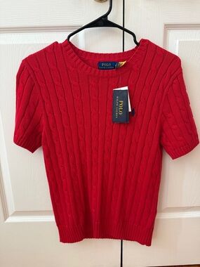 Ralph Lauren Red Cable-Knit Short Sleeve Sweater with Pony